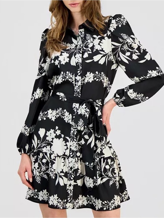 Dresses & Skirts - Anna Klein Women's Floral Tiered-Hem Shirtdress